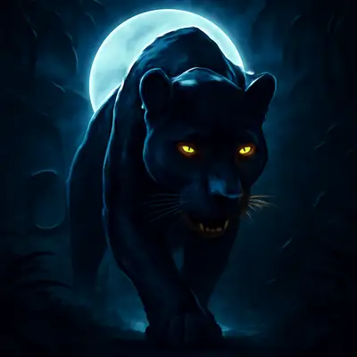 Een sluipende zwarte panter met gloeiende ogen in Absolute Black.