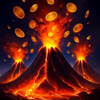 Drie uitbarstende vulkanen spuwen gouden munten in 3 Coin Volcanoes.