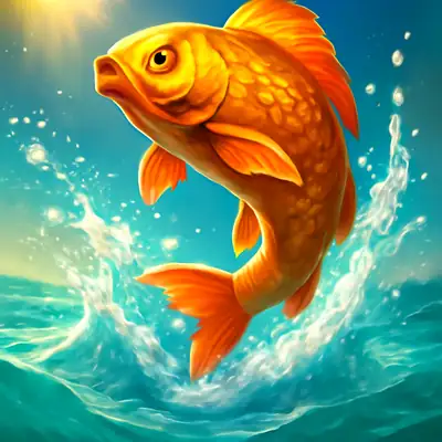 Een gouden karper springt uit turquoise water in Fishing Splash.