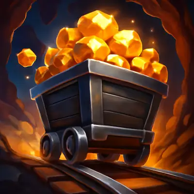 Een mijnkar vol goudklompen raast op rails in Gold Mine Express.