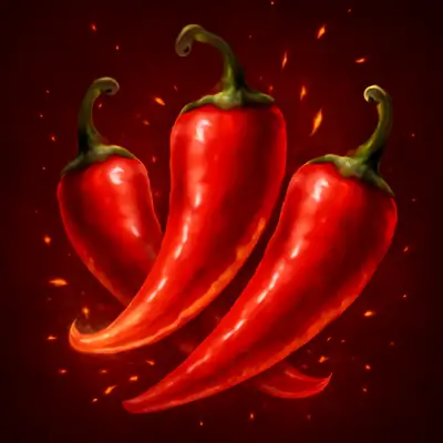 Drie vurige rode pepers met vonken op een rode achtergrond in 3 Hot Chillies.