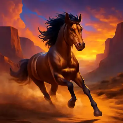 Een wilde mustang galoppeert bij zonsondergang in Mustang Rush.